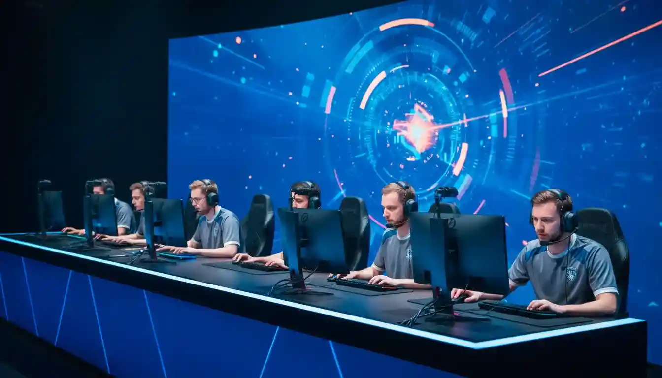 Counter-Strike 2 Turnier mit Spielern an Gaming-PCs auf der Bühne