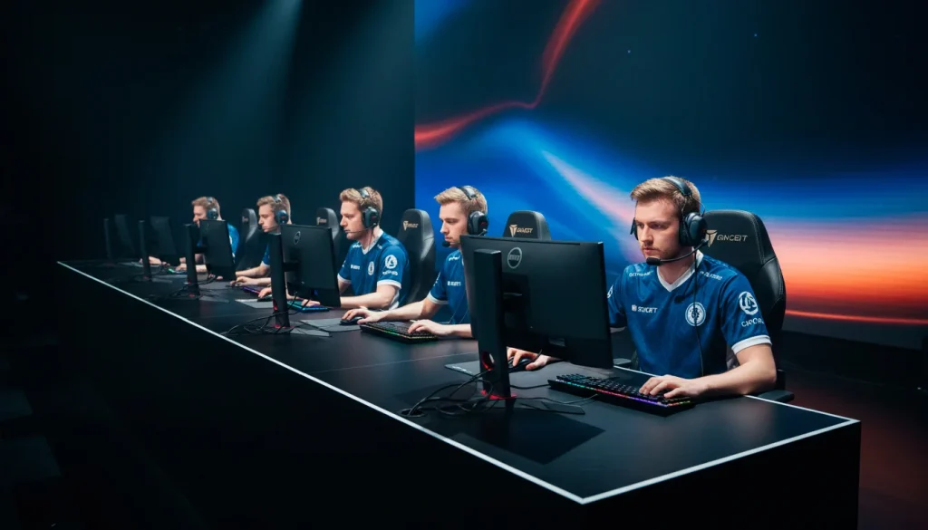 Professionelles CS2-Turnier mit Spielern an Monitoren auf einer beleuchteten eSport-Bühne