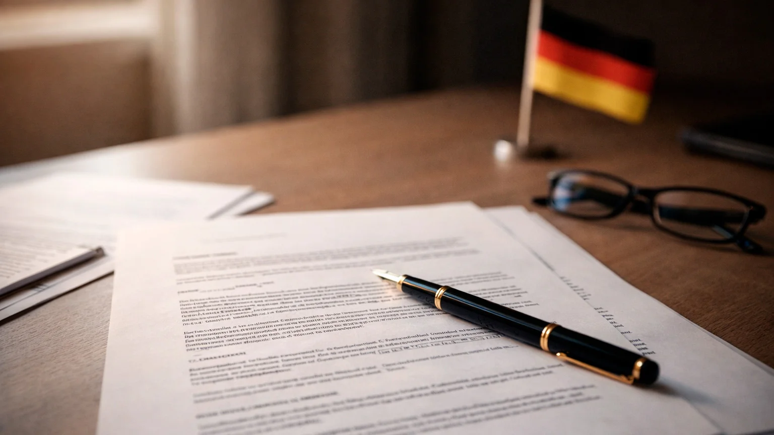 Schreibtisch mit offiziellen Dokumenten und einem Stift zur Regulierung von eSport in Deutschland