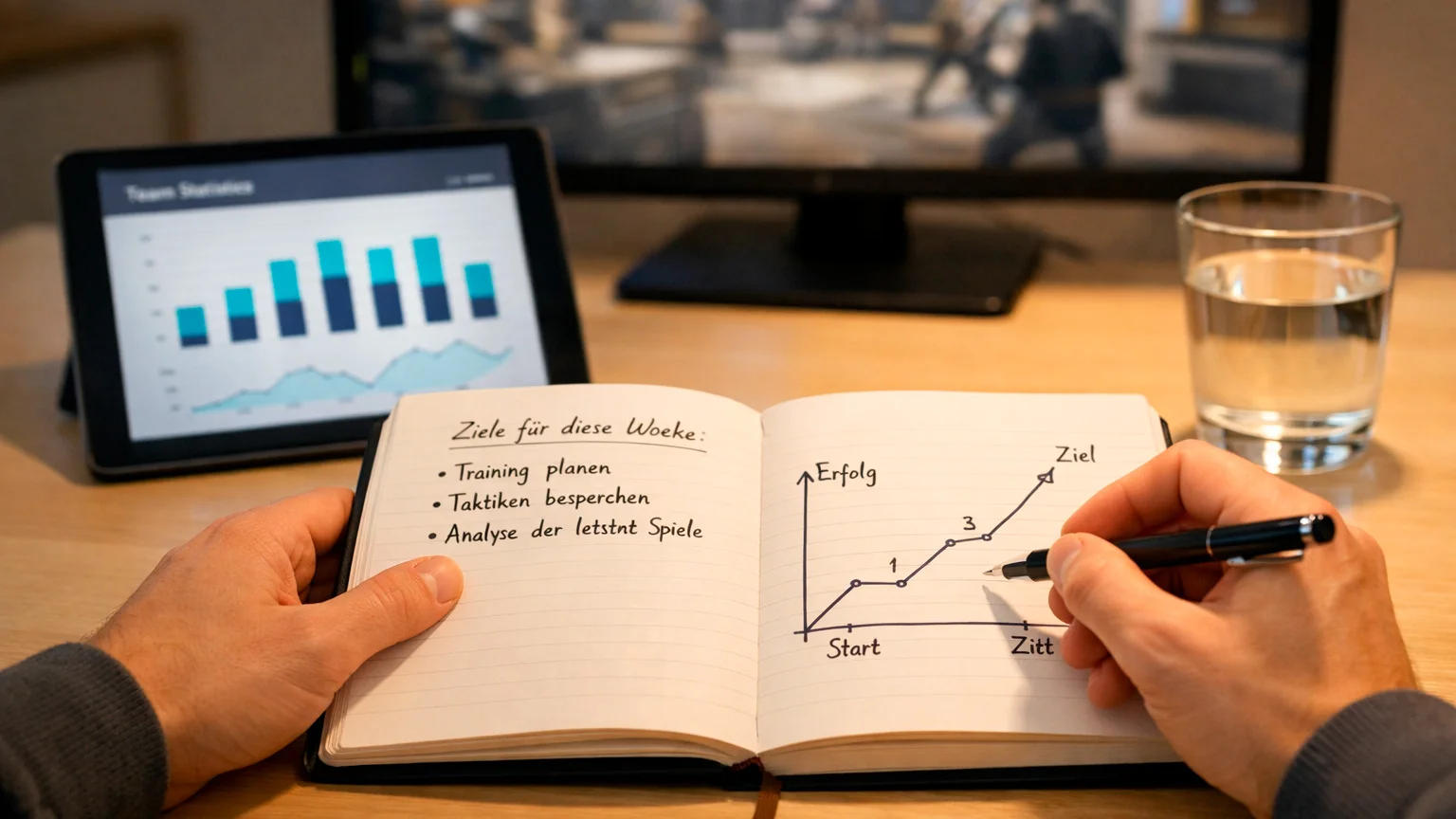 Person analysiert eSport-Statistiken mit Notizen und Diagrammen auf einem Schreibtisch