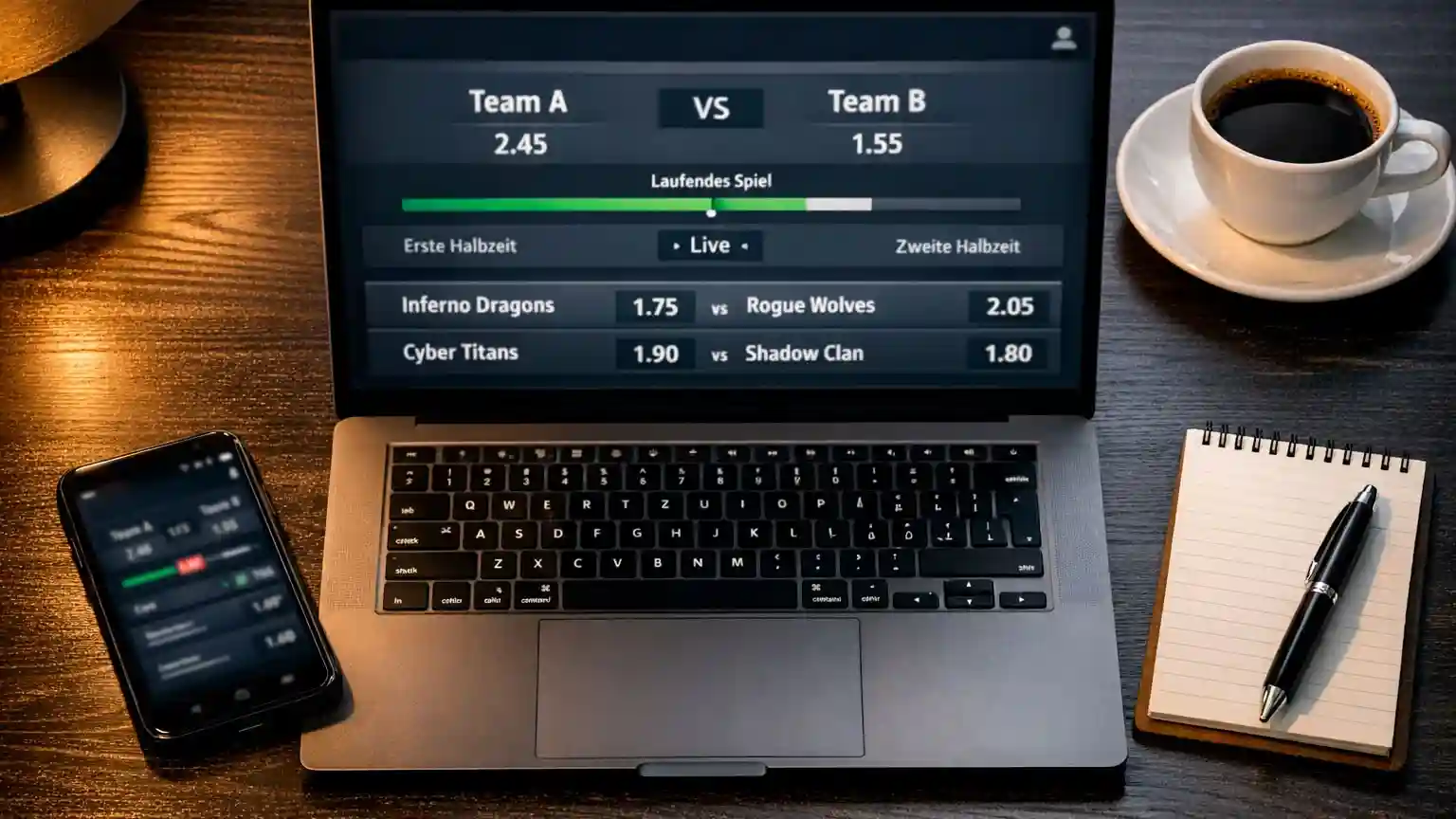 Laptop-Bildschirm mit eSport-Livewetten-Übersicht und Spielstatistiken