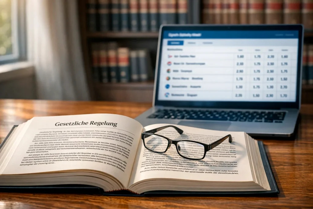 Deutsches Gesetzbuch neben einem Laptop mit eSport-Wettseite auf dem Bildschirm