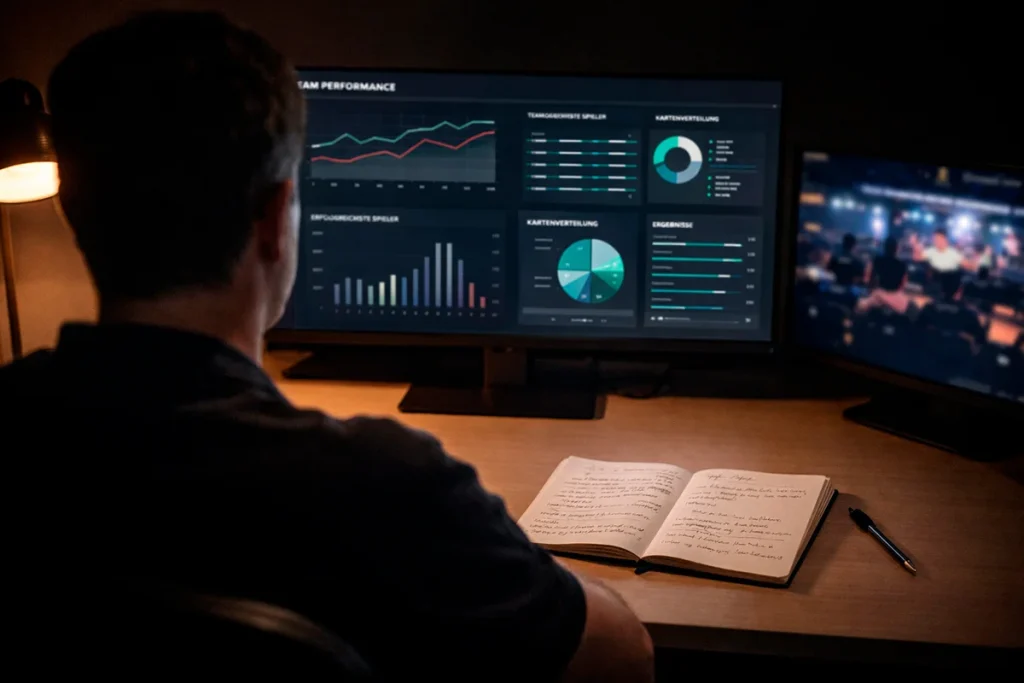 Person analysiert eSport-Statistiken auf einem Monitor mit Notizblock daneben