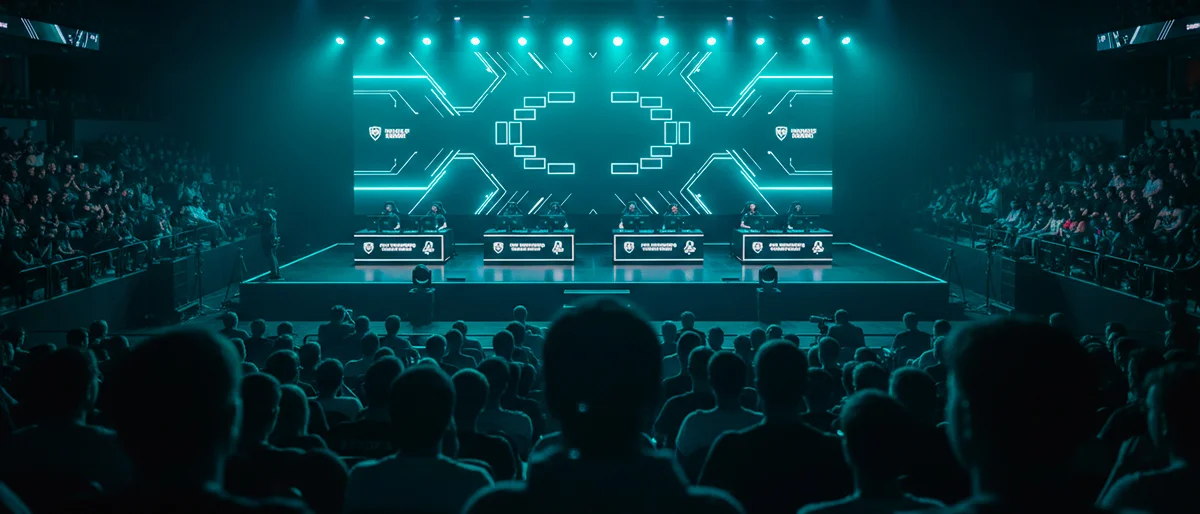 eSports-Turnier in einer großen Arena mit Publikum und beleuchteter Bühne
