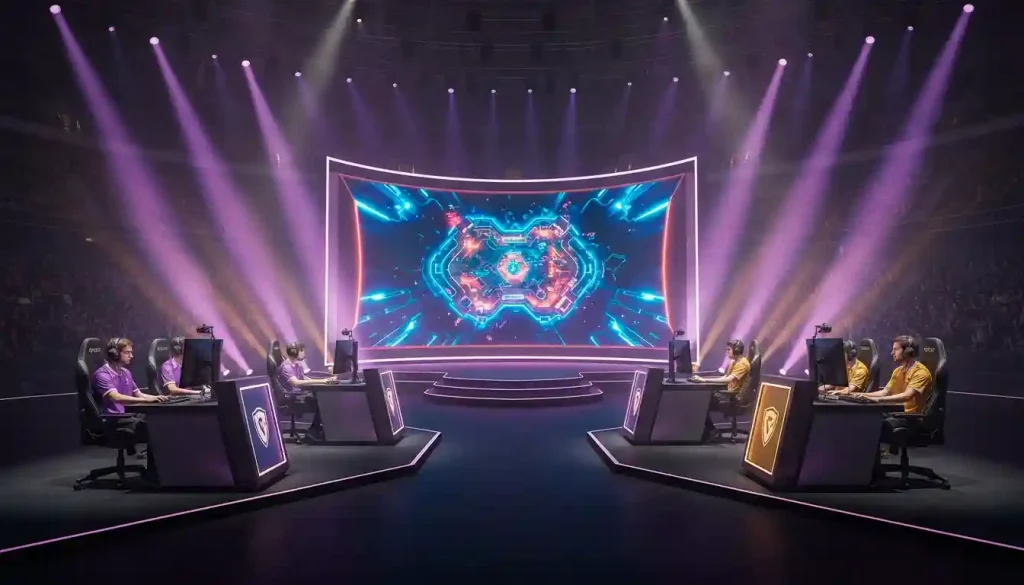 League-of-Legends-Wettkampf mit Teams auf einer professionellen eSport-Bühne vor grossem Publikum